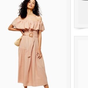 Topshop‎ off the shoulder Ruffle Bardot Midi dress peach nude tiered dress Sz 6